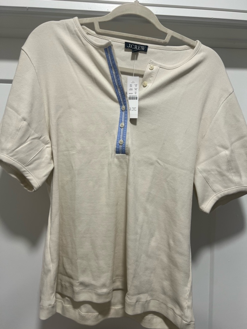J. Crew Cream Short Sleeve Ribbed Top with Light Blue Placket